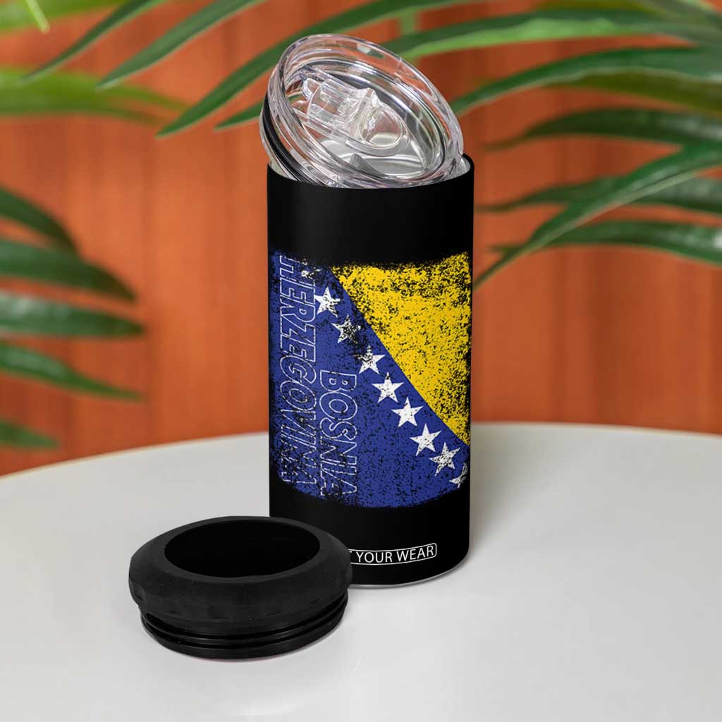 Vintage Grunge Bosnia Herzegovina National Flag 4 in 1 Can Cooler Tumbler Bosnian Pride Soccer Heritage Sports Fan