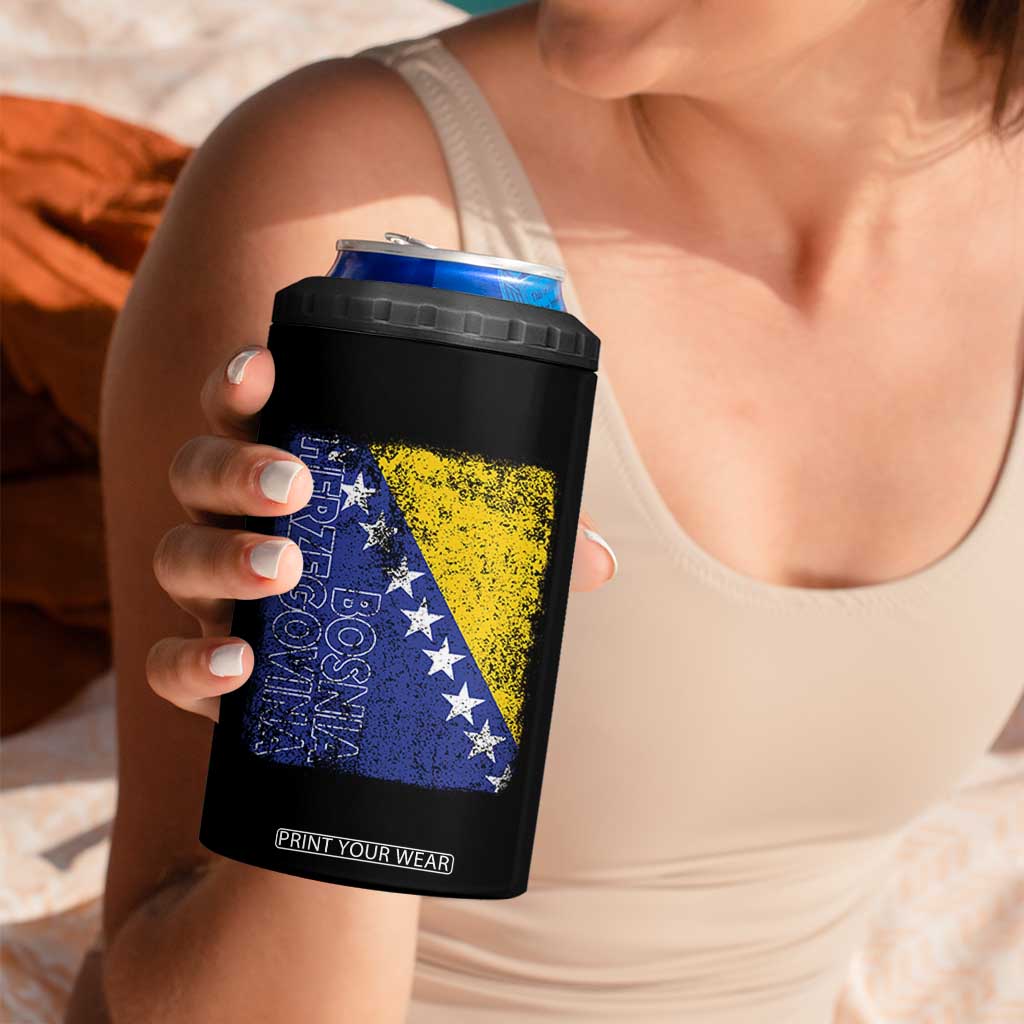 Vintage Grunge Bosnia Herzegovina National Flag 4 in 1 Can Cooler Tumbler Bosnian Pride Soccer Heritage Sports Fan