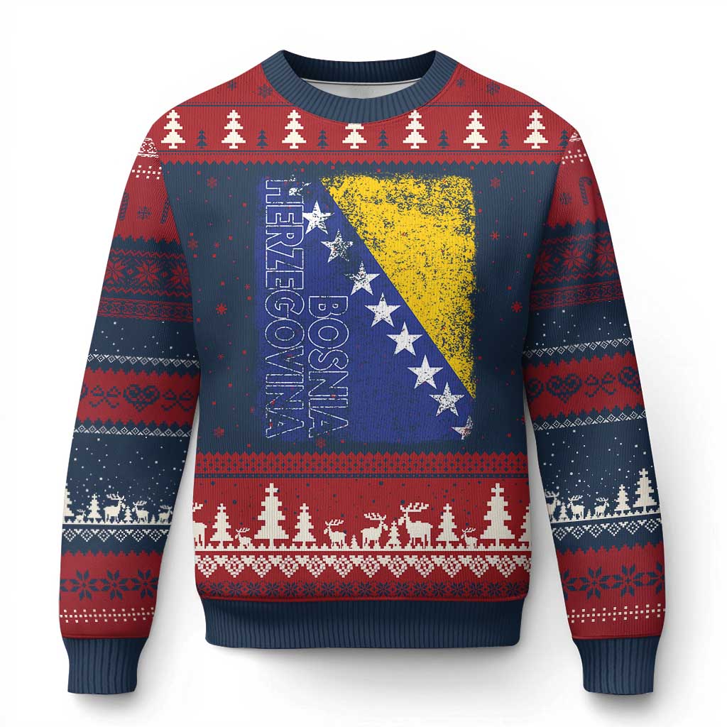 Vintage Grunge Bosnia Herzegovina National Flag Ugly Christmas Sweater Bosnian Pride Soccer Heritage Sports Fan TS02 Navy Red Print Your Wear