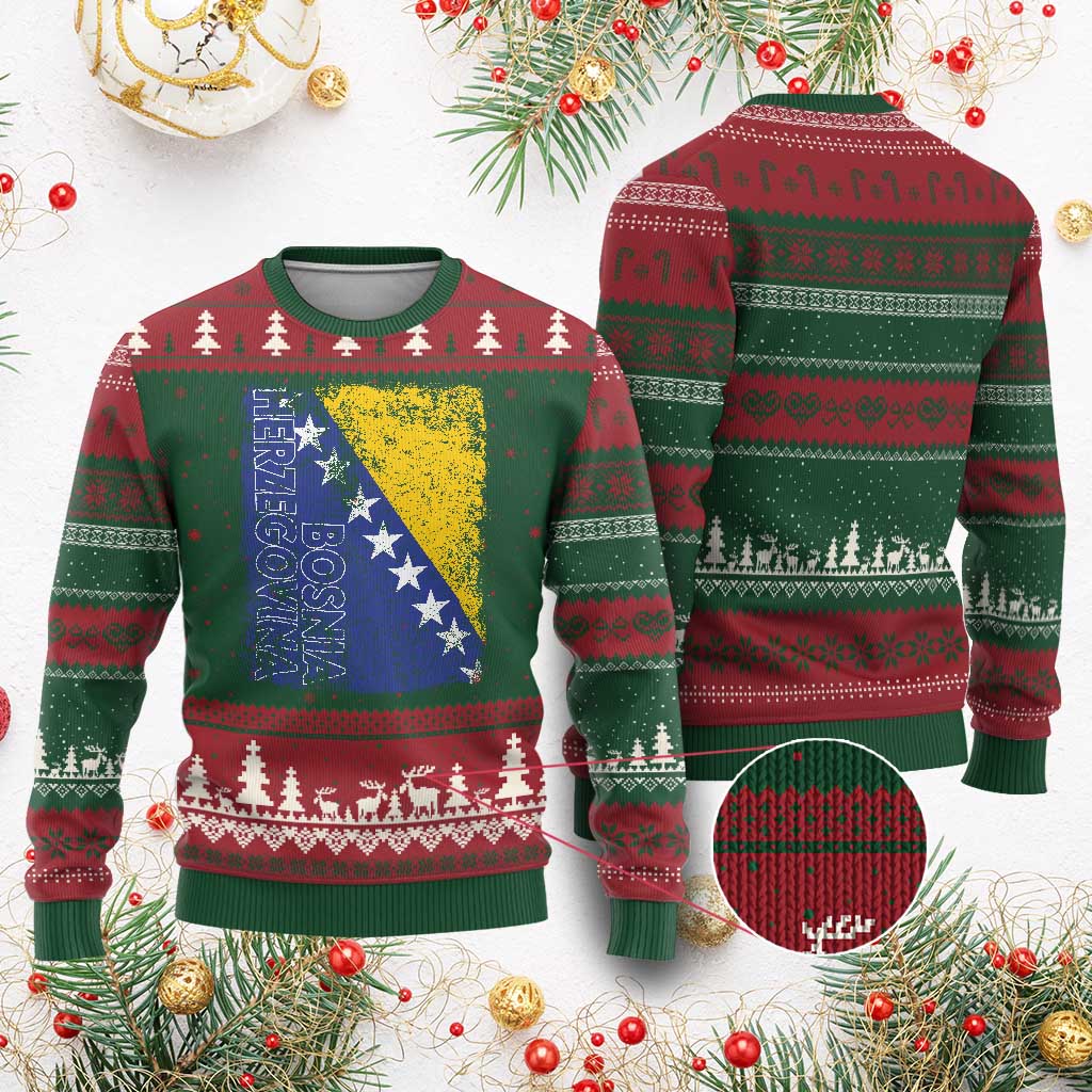 Vintage Grunge Bosnia Herzegovina National Flag Ugly Christmas Sweater Bosnian Pride Soccer Heritage Sports Fan