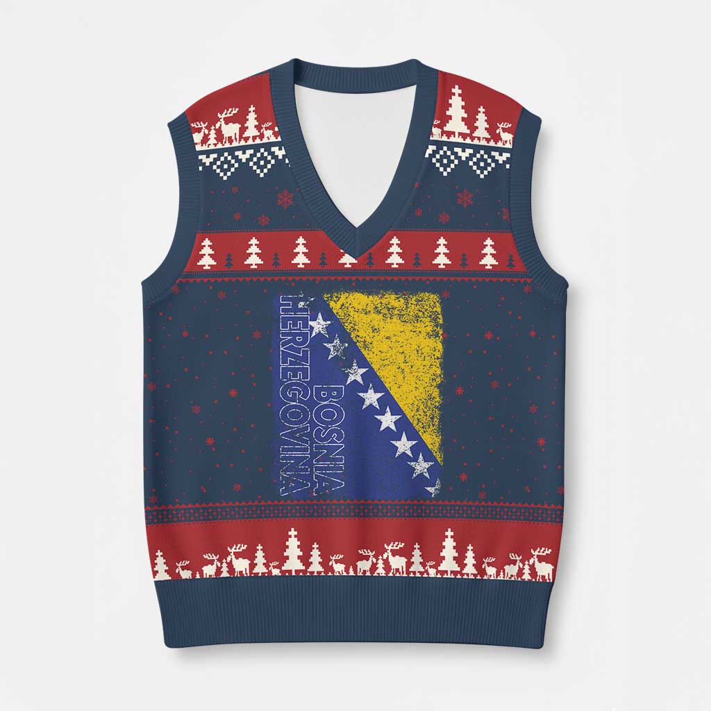 Vintage Grunge Bosnia Herzegovina National Flag V-Neck Knit Sweater Vest Bosnian Pride Soccer Heritage Sports Fan