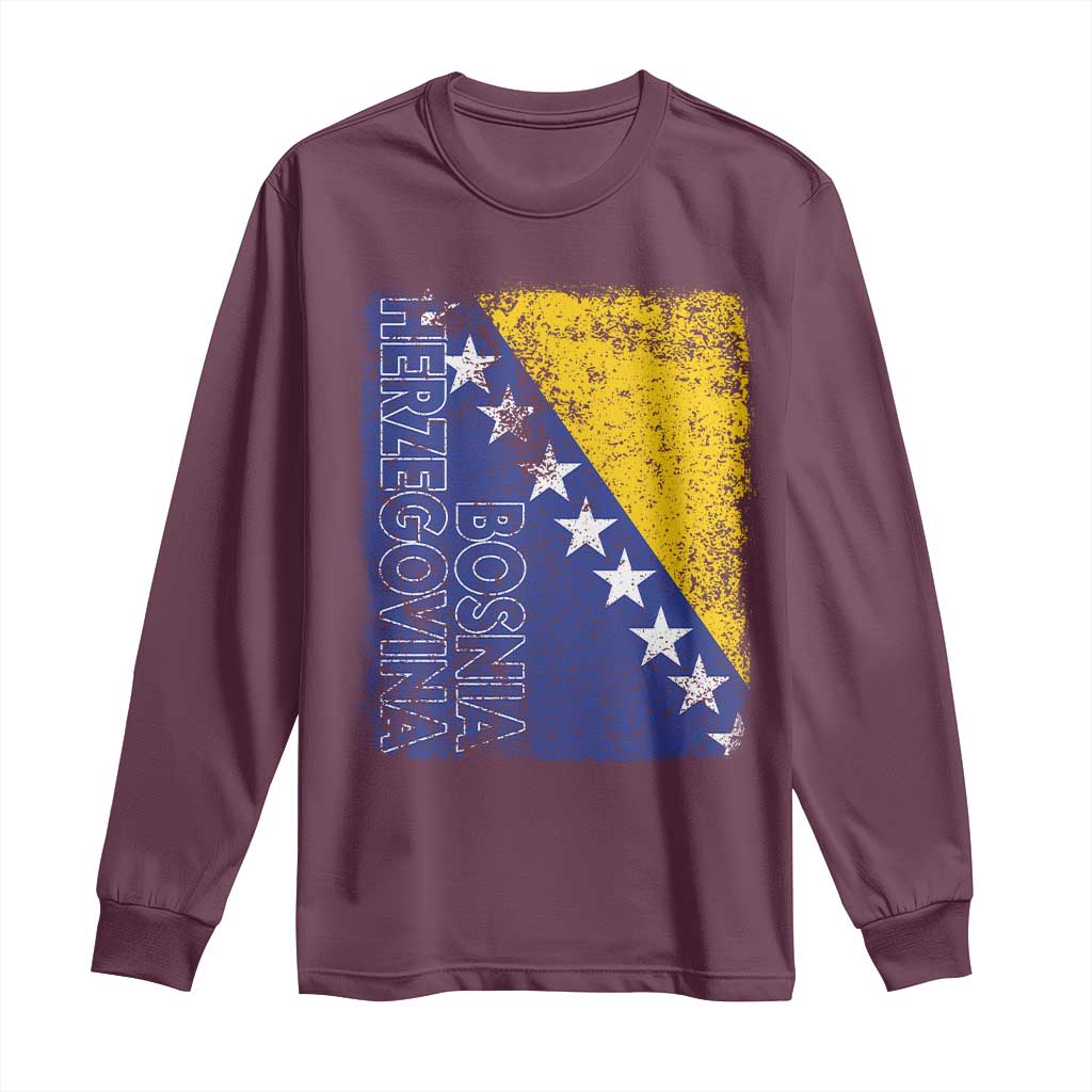 Vintage Grunge Bosnia Herzegovina National Flag Long Sleeve Shirt Bosnian Pride Soccer Heritage Sports Fan