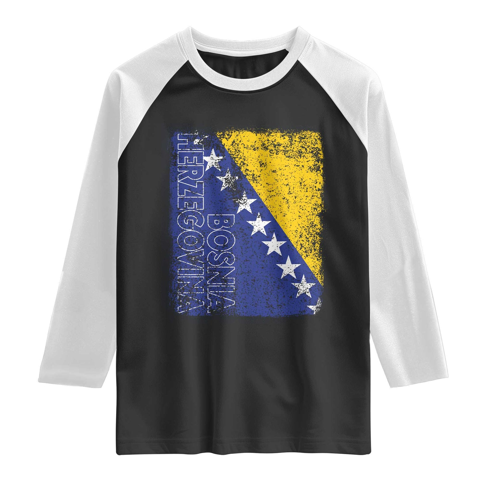 Vintage Grunge Bosnia Herzegovina National Flag Raglan Shirt Bosnian Pride Soccer Heritage Sports Fan TS02 Black White Print Your Wear