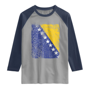 Vintage Grunge Bosnia Herzegovina National Flag Raglan Shirt Bosnian Pride Soccer Heritage Sports Fan