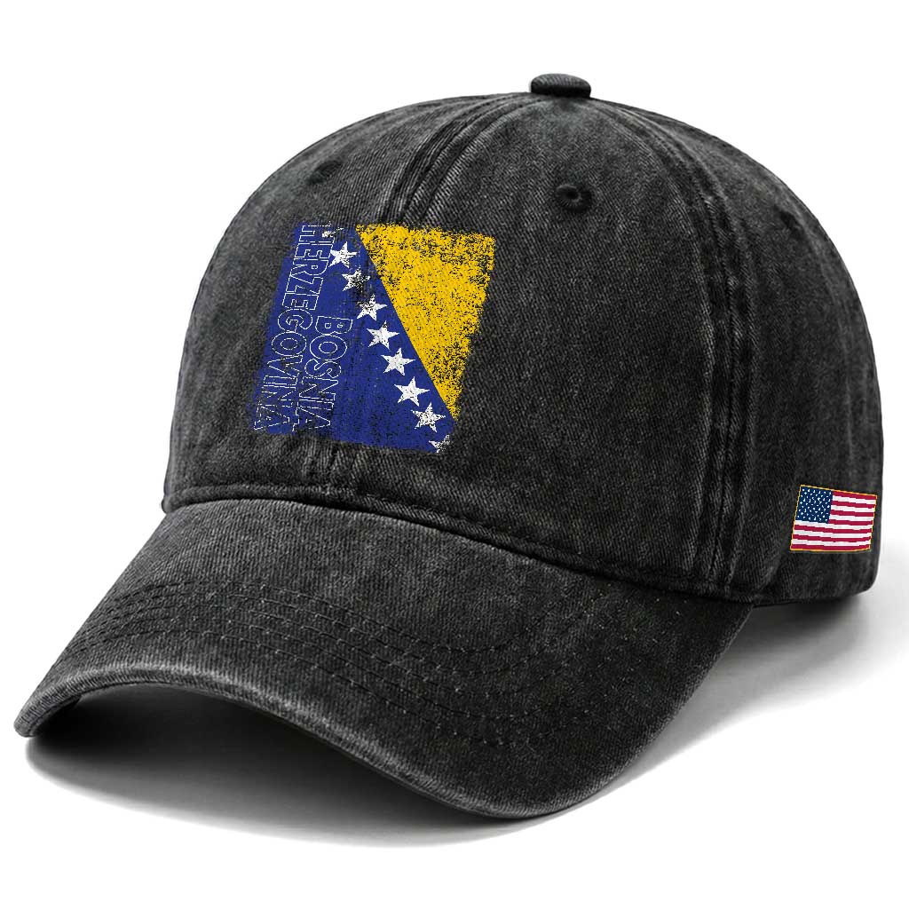 Vintage Grunge Bosnia Herzegovina National Flag Washed Cotton Baseball Cap Bosnian Pride Soccer Heritage Sports Fan