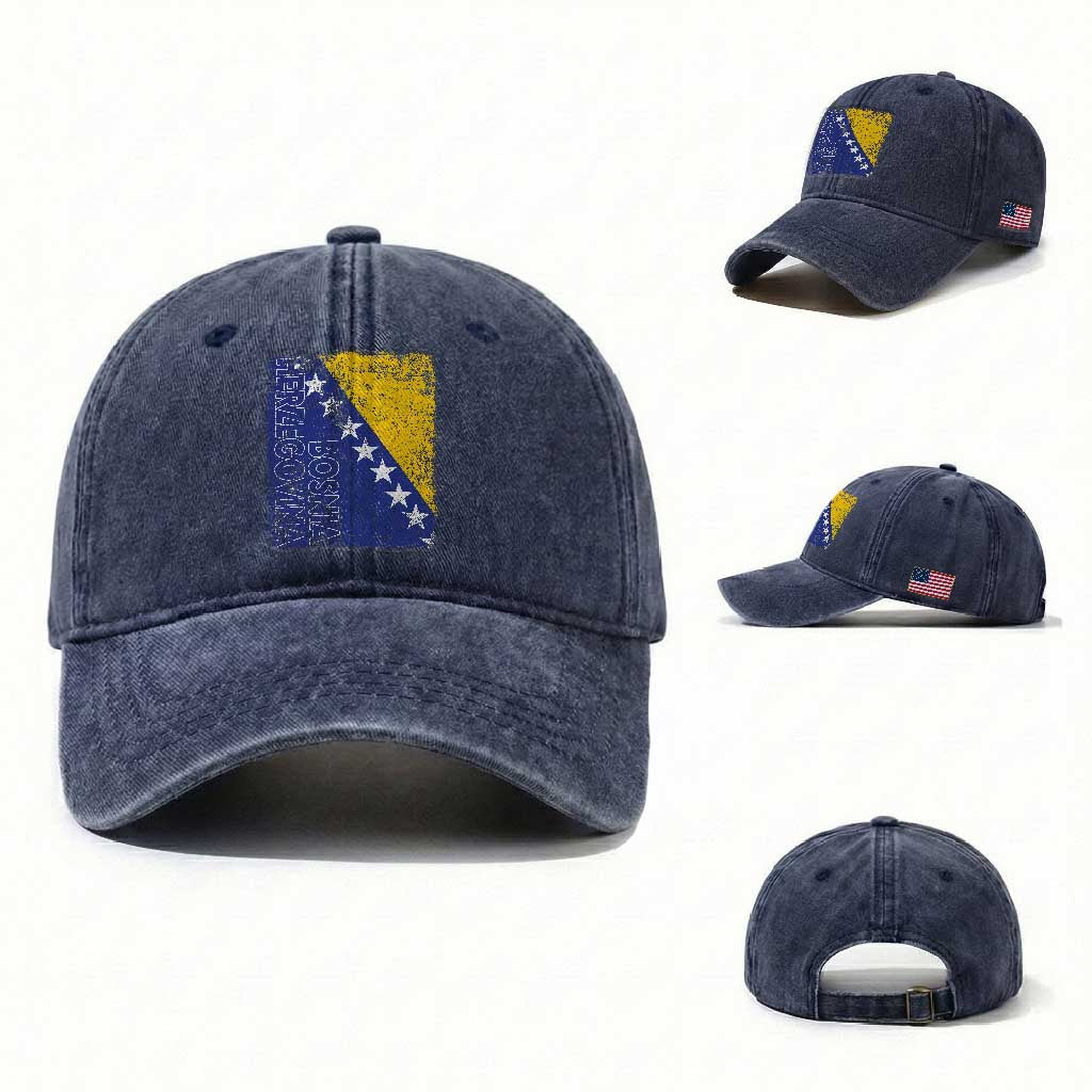 Vintage Grunge Bosnia Herzegovina National Flag Washed Cotton Baseball Cap Bosnian Pride Soccer Heritage Sports Fan