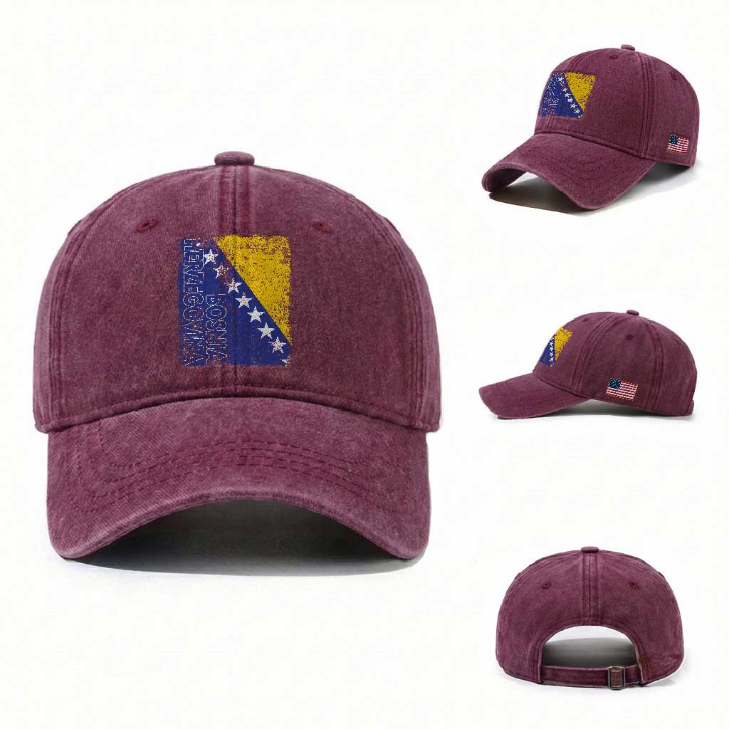 Vintage Grunge Bosnia Herzegovina National Flag Washed Cotton Baseball Cap Bosnian Pride Soccer Heritage Sports Fan