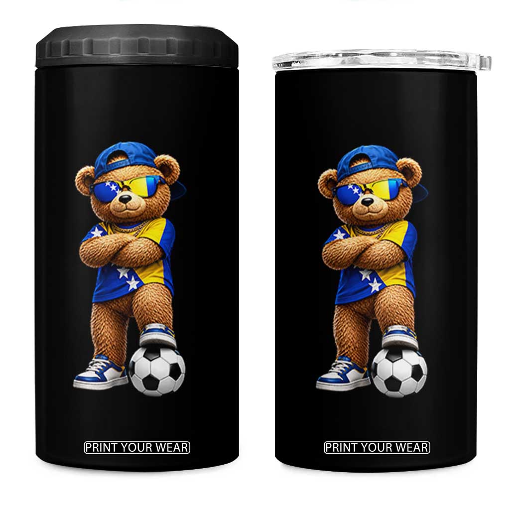 Cool Bosnia Herzegovina Flag Teddy Bear Soccer Fan 4 in 1 Can Cooler Tumbler BIH Bosnian Heritage Football Lovers