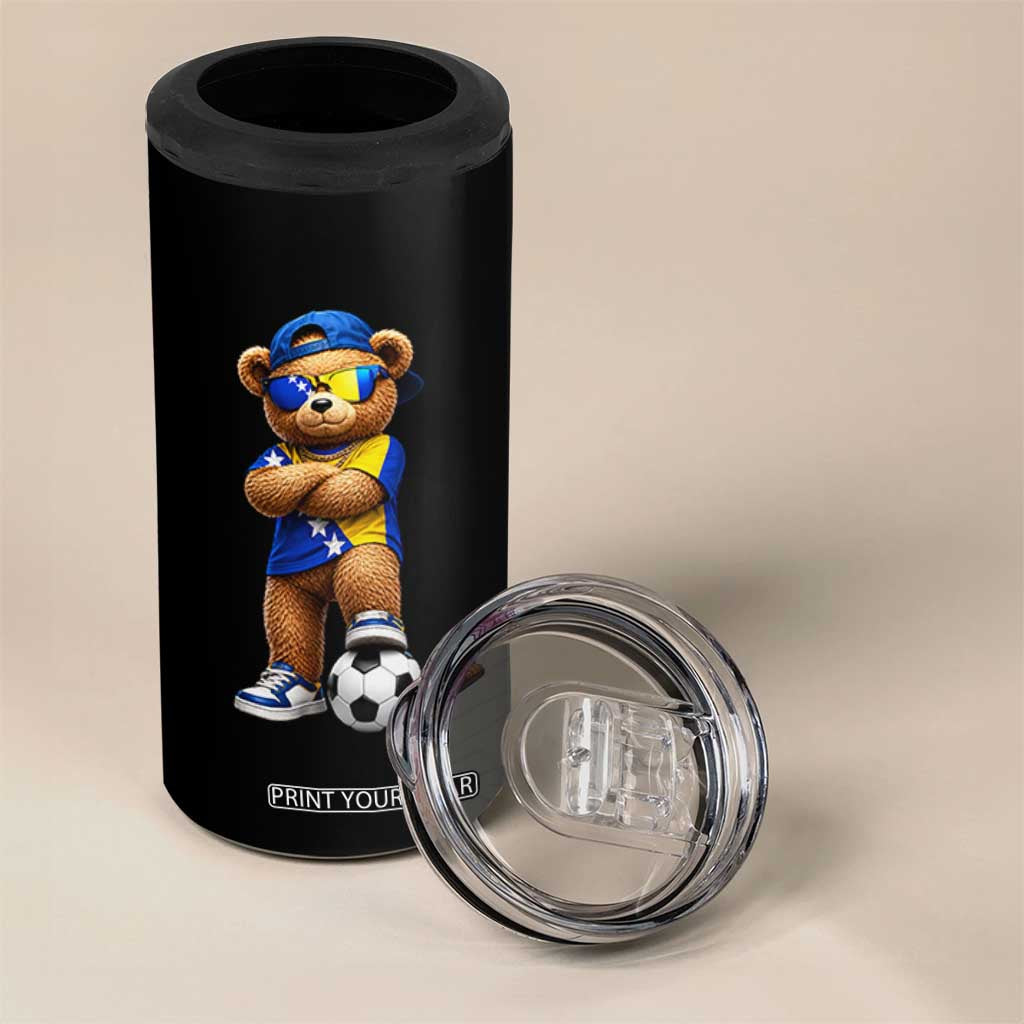 Cool Bosnia Herzegovina Flag Teddy Bear Soccer Fan 4 in 1 Can Cooler Tumbler BIH Bosnian Heritage Football Lovers