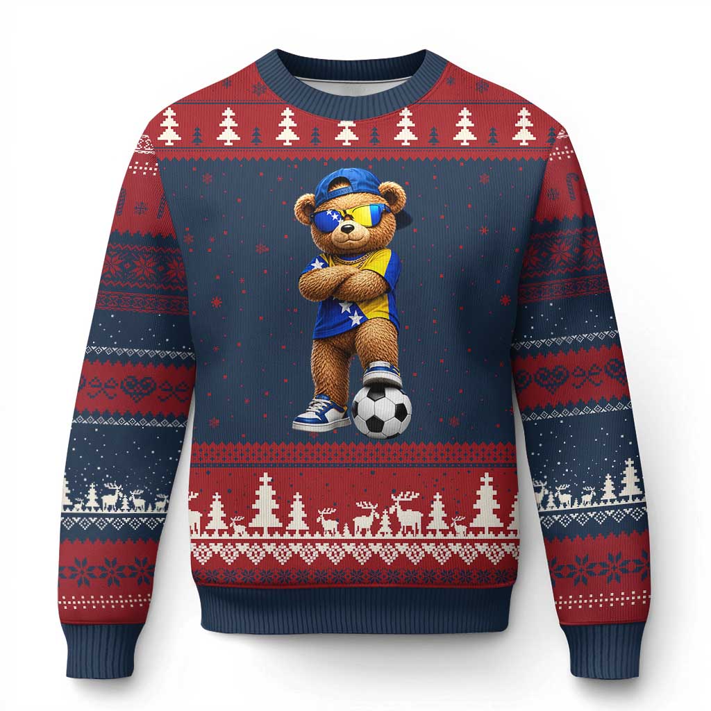 Cool Bosnia Herzegovina Flag Teddy Bear Soccer Fan Ugly Christmas Sweater BIH Bosnian Heritage Football Lovers TS02 Navy Red Print Your Wear
