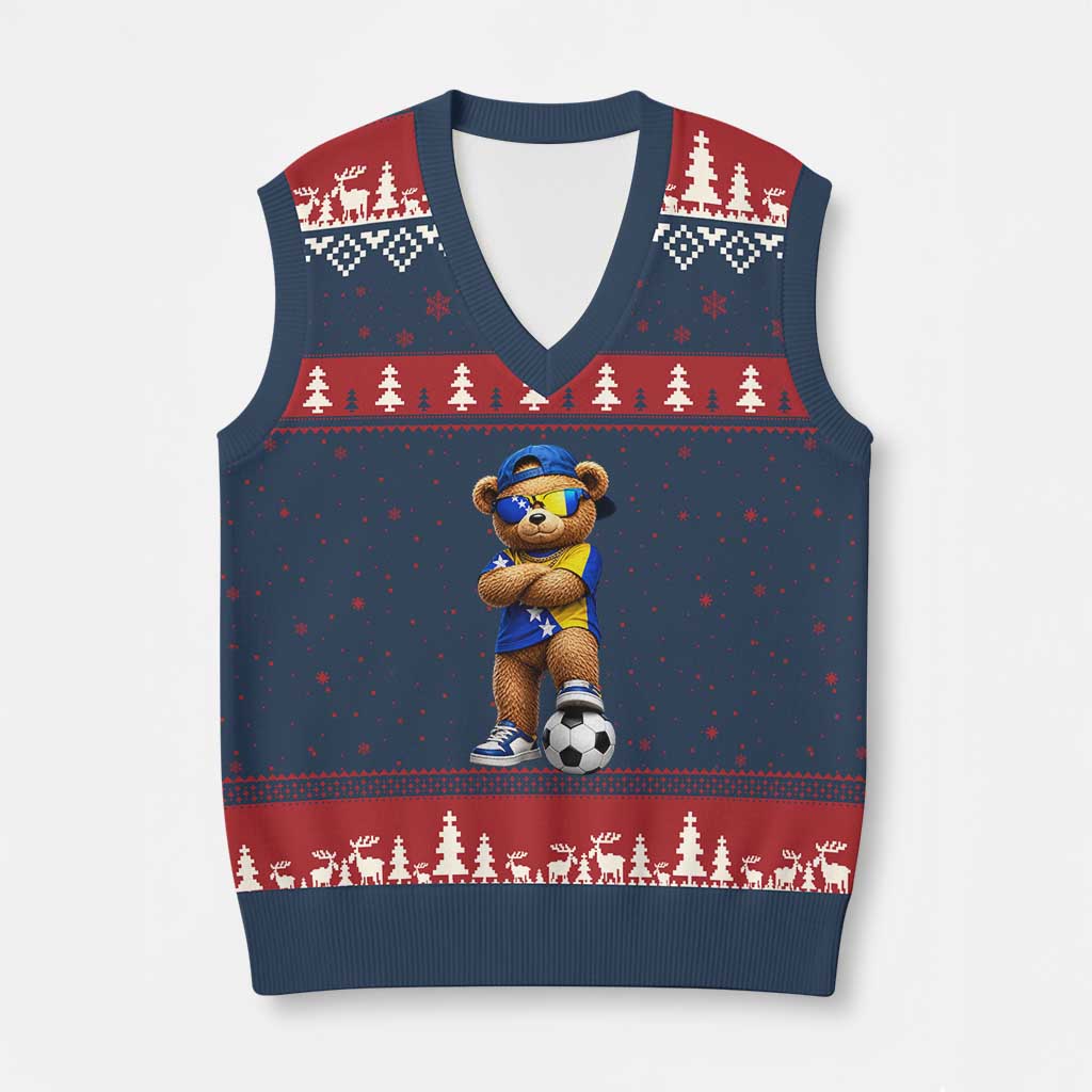 Cool Bosnia Herzegovina Flag Teddy Bear Soccer Fan V-Neck Knit Sweater Vest BIH Bosnian Heritage Football Lovers TS02 Navy Red Print Your Wear