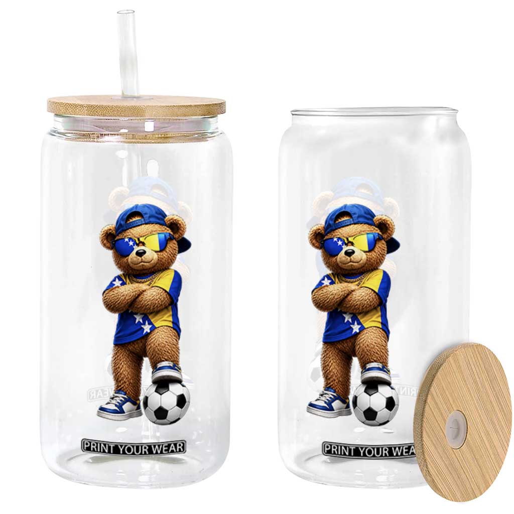 Cool Bosnia Herzegovina Flag Teddy Bear Soccer Fan Glass Can BIH Bosnian Heritage Football Lovers
