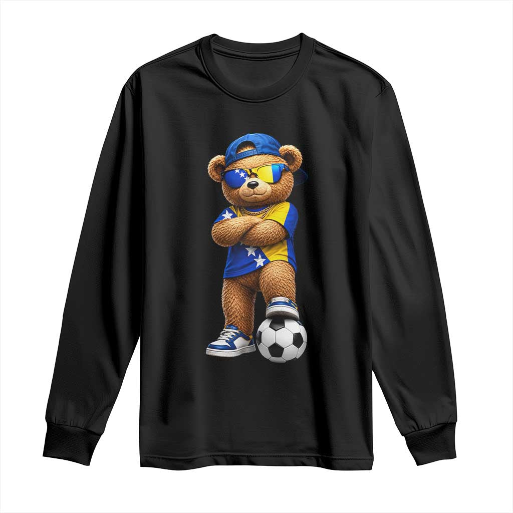 Cool Bosnia Herzegovina Flag Teddy Bear Soccer Fan Long Sleeve Shirt BIH Bosnian Heritage Football Lovers TS02 Black Print Your Wear