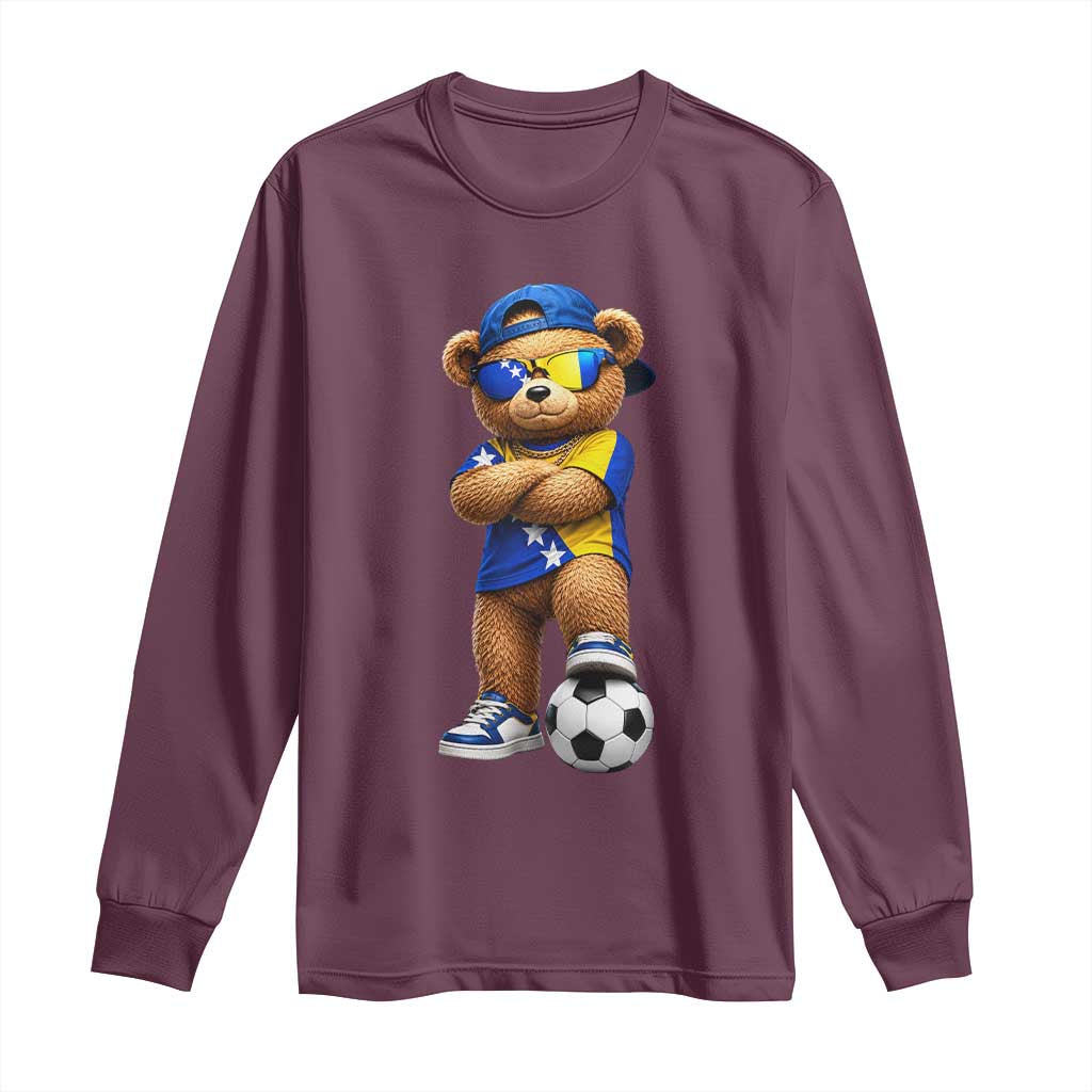 Cool Bosnia Herzegovina Flag Teddy Bear Soccer Fan Long Sleeve Shirt BIH Bosnian Heritage Football Lovers