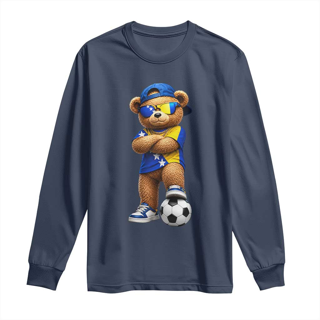 Cool Bosnia Herzegovina Flag Teddy Bear Soccer Fan Long Sleeve Shirt BIH Bosnian Heritage Football Lovers