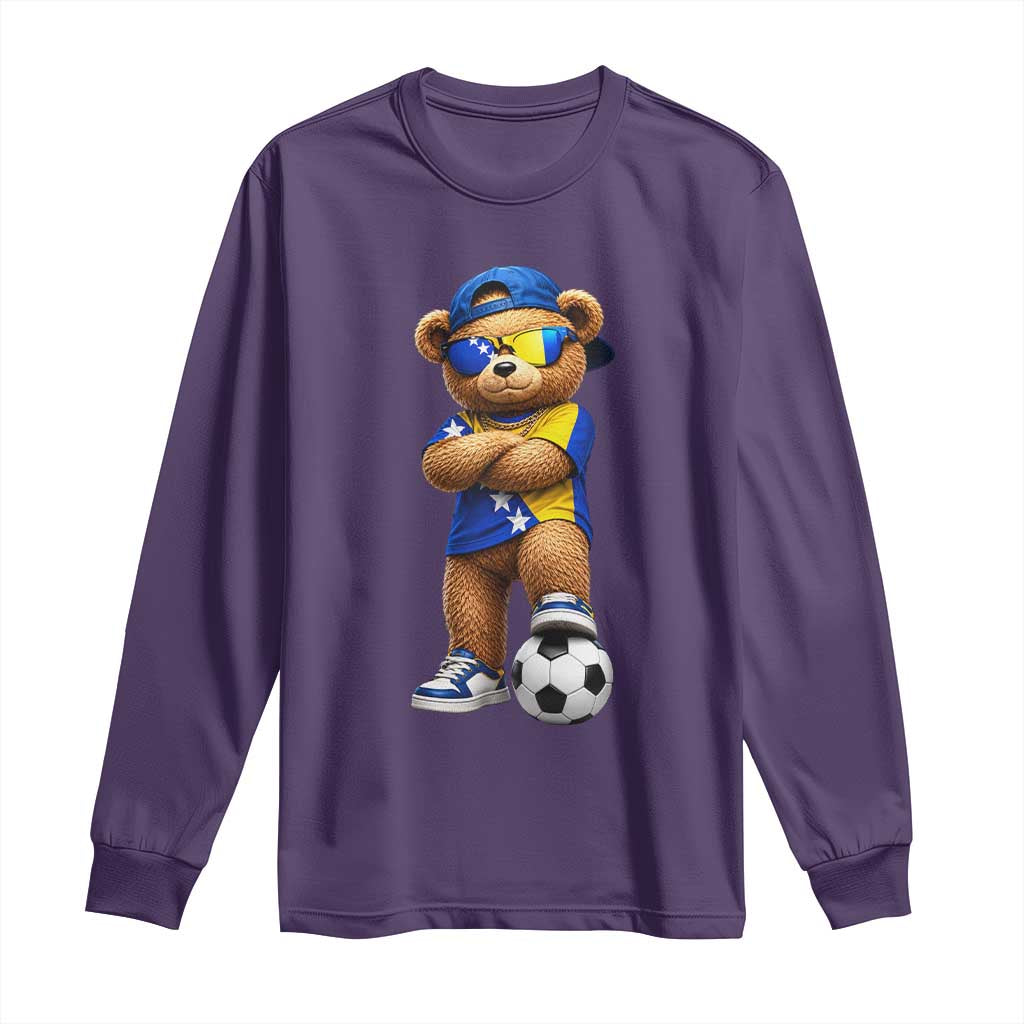 Cool Bosnia Herzegovina Flag Teddy Bear Soccer Fan Long Sleeve Shirt BIH Bosnian Heritage Football Lovers