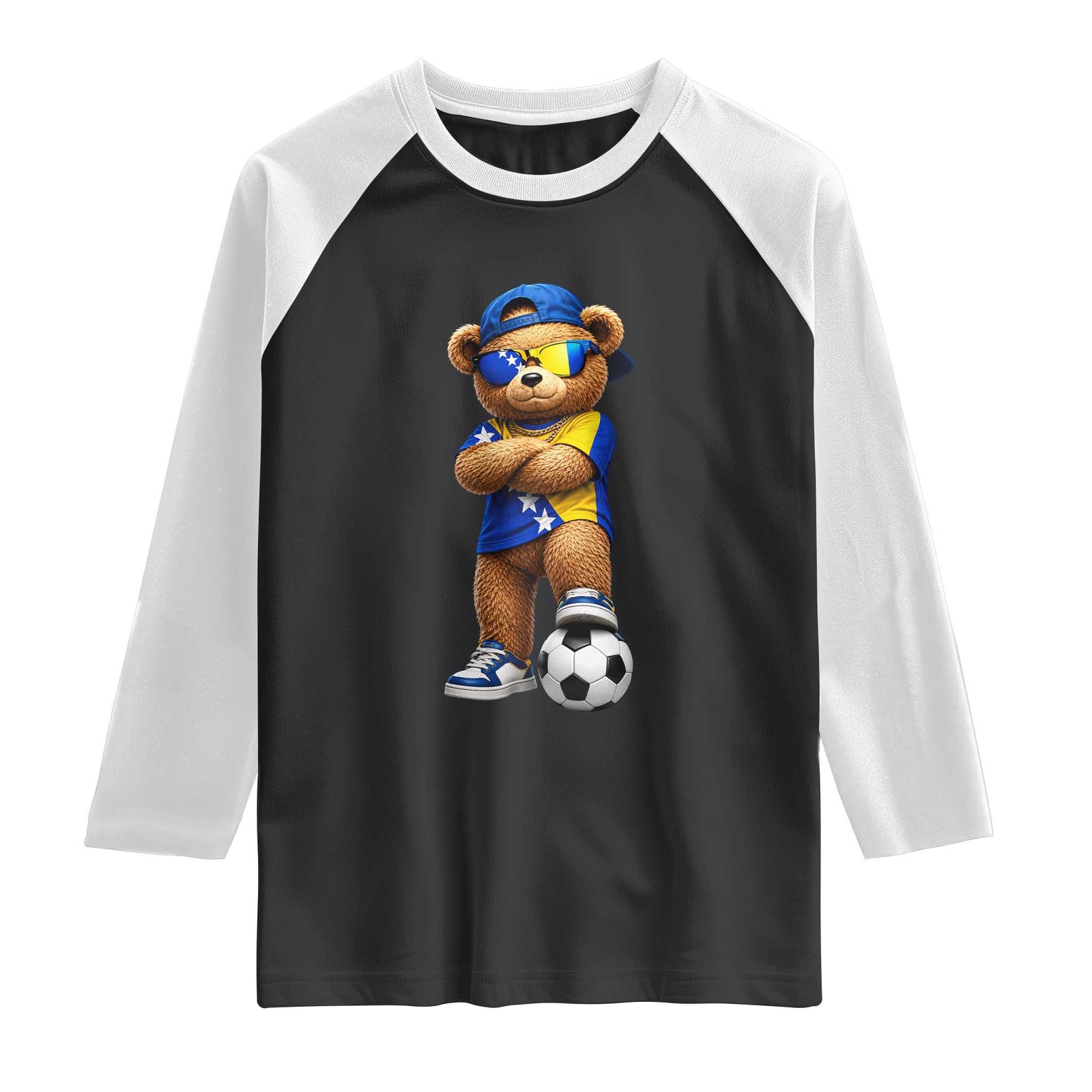 Cool Bosnia Herzegovina Flag Teddy Bear Soccer Fan Raglan Shirt BIH Bosnian Heritage Football Lovers TS02 Black White Print Your Wear
