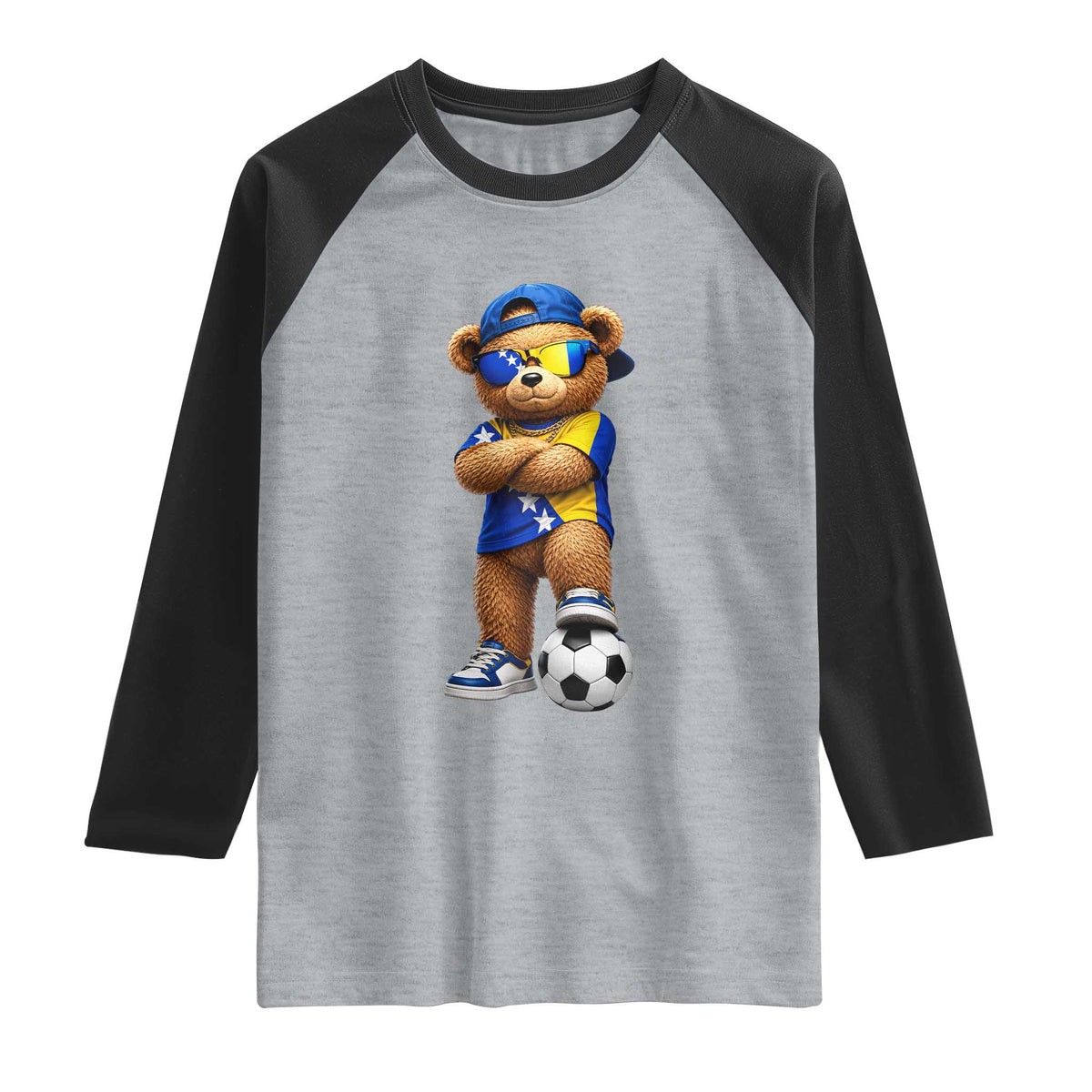 Cool Bosnia Herzegovina Flag Teddy Bear Soccer Fan Raglan Shirt BIH Bosnian Heritage Football Lovers
