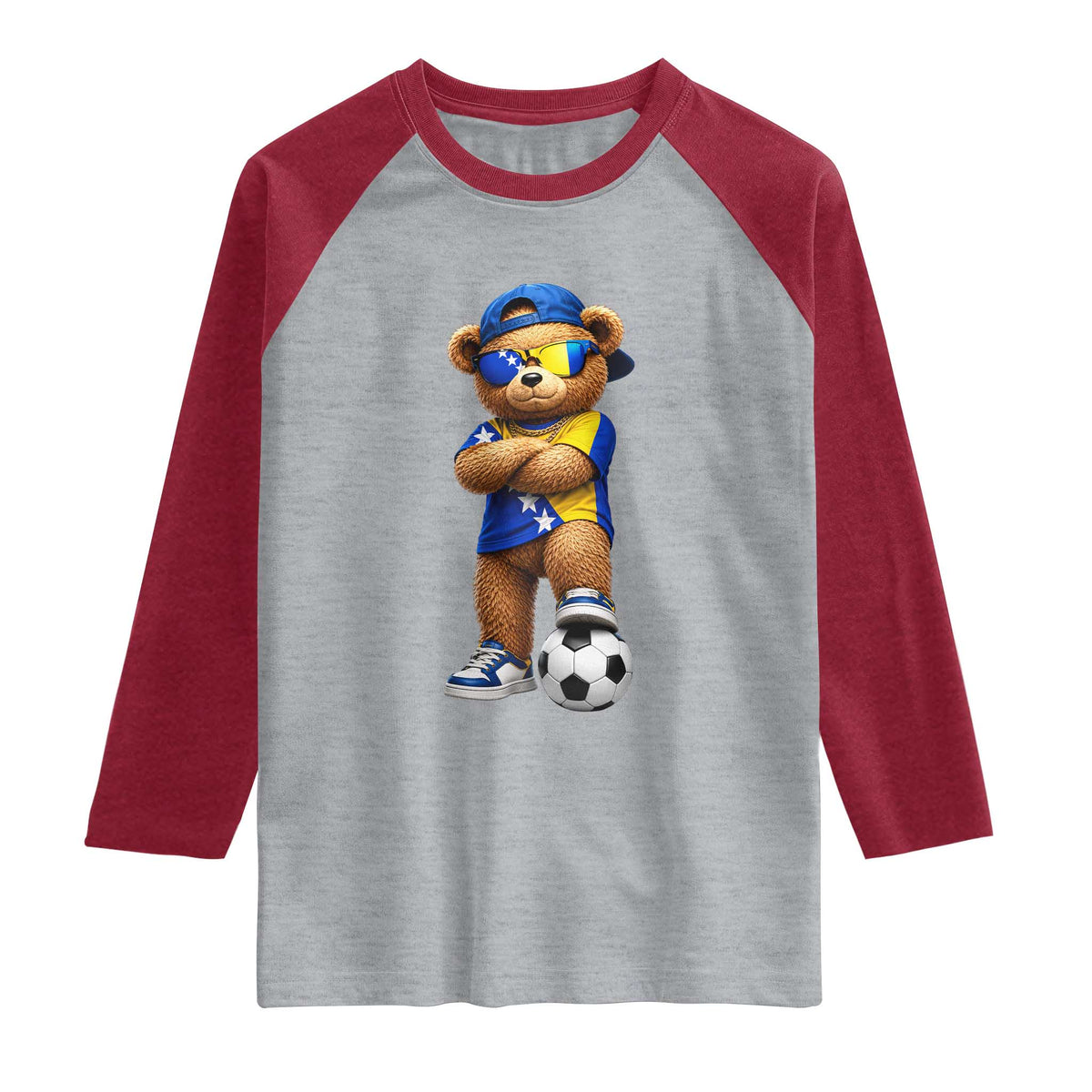 Cool Bosnia Herzegovina Flag Teddy Bear Soccer Fan Raglan Shirt BIH Bosnian Heritage Football Lovers