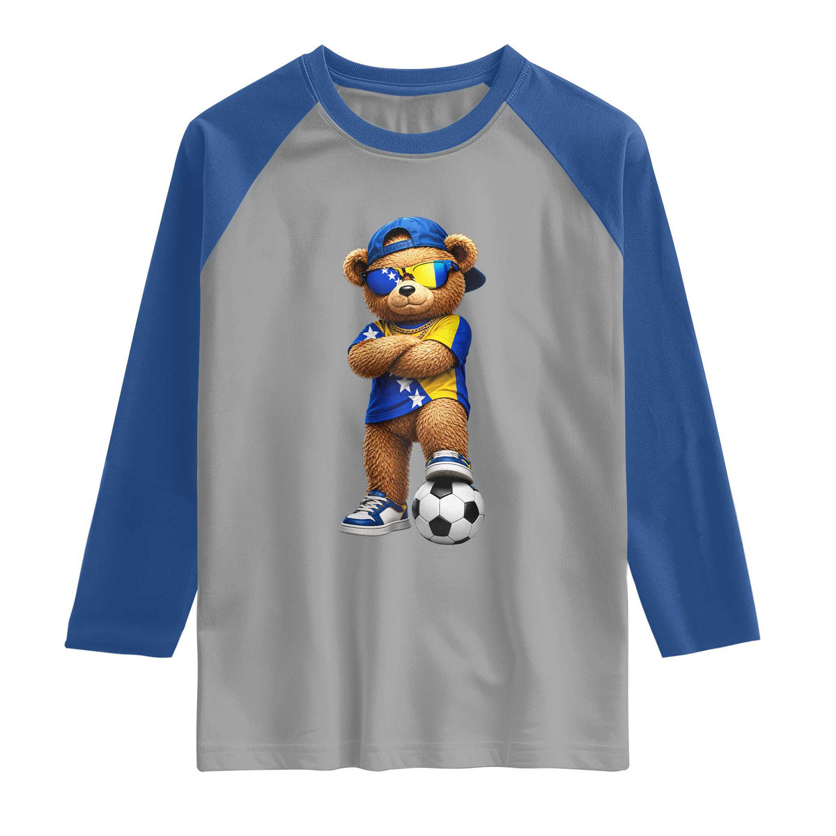 Cool Bosnia Herzegovina Flag Teddy Bear Soccer Fan Raglan Shirt BIH Bosnian Heritage Football Lovers