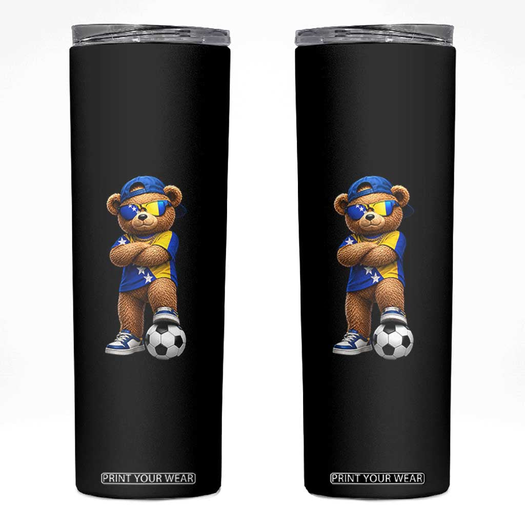 Cool Bosnia Herzegovina Flag Teddy Bear Soccer Fan Skinny Tumbler BIH Bosnian Heritage Football Lovers