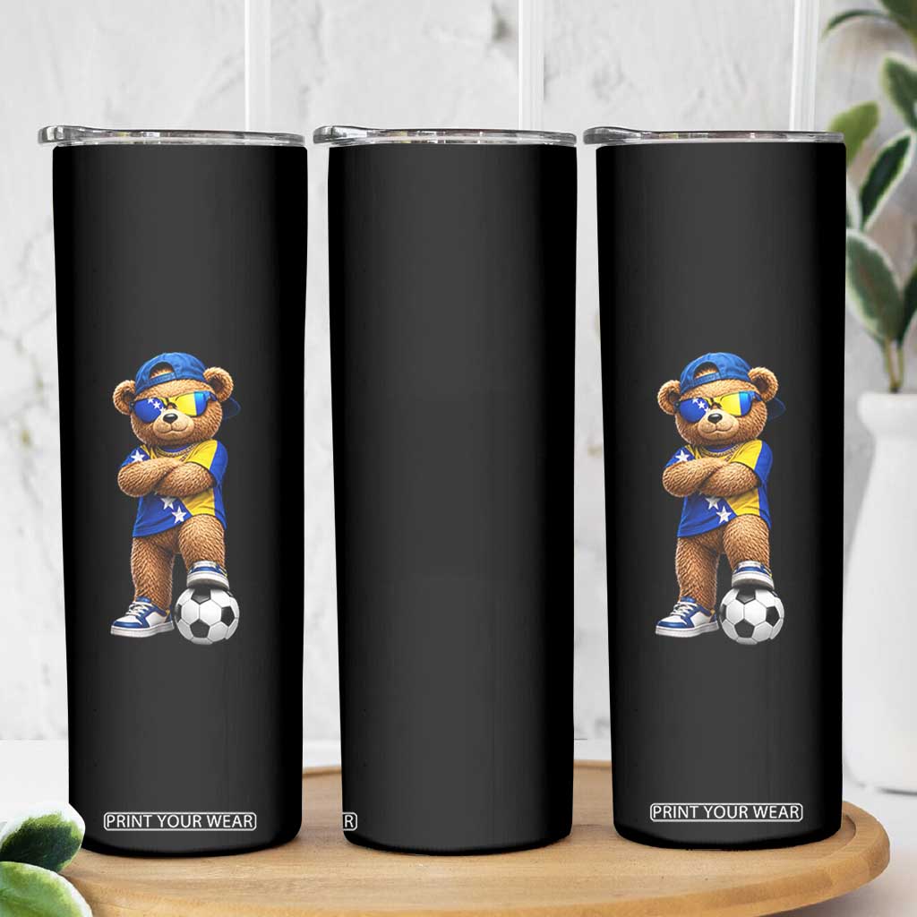 Cool Bosnia Herzegovina Flag Teddy Bear Soccer Fan Skinny Tumbler BIH Bosnian Heritage Football Lovers