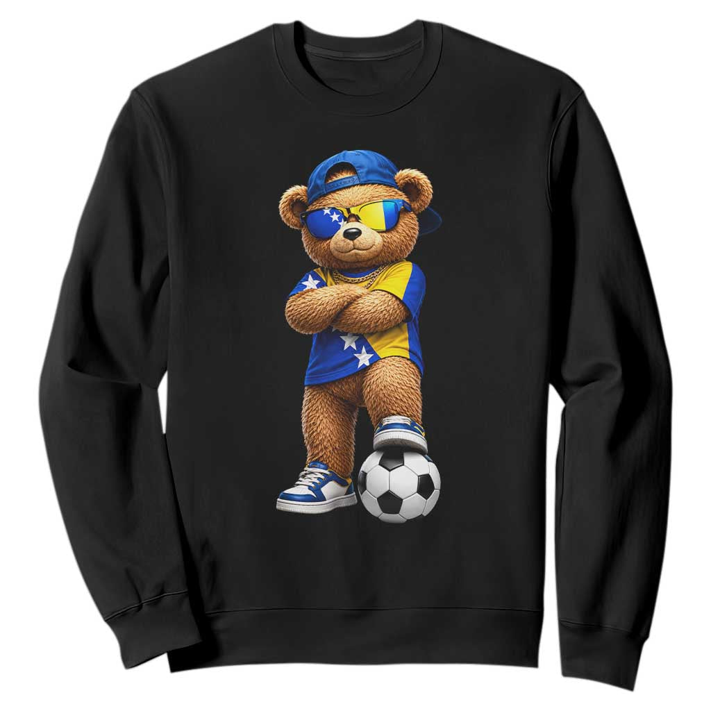Cool Bosnia Herzegovina Flag Teddy Bear Soccer Fan Sweatshirt BIH Bosnian Heritage Football Lovers