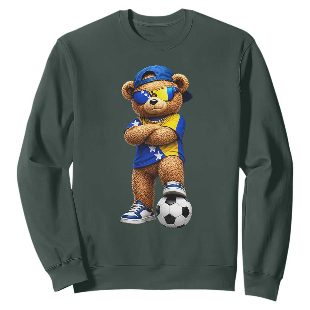 Cool Bosnia Herzegovina Flag Teddy Bear Soccer Fan Sweatshirt BIH Bosnian Heritage Football Lovers