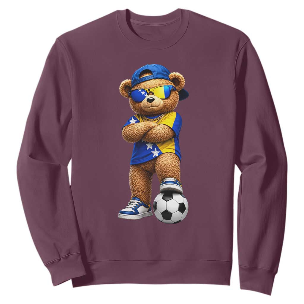 Cool Bosnia Herzegovina Flag Teddy Bear Soccer Fan Sweatshirt BIH Bosnian Heritage Football Lovers