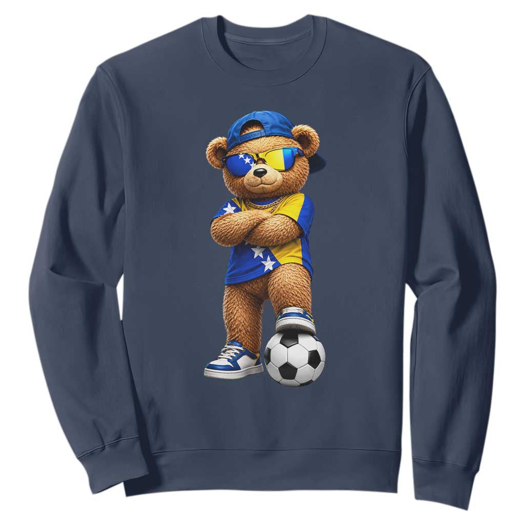 Cool Bosnia Herzegovina Flag Teddy Bear Soccer Fan Sweatshirt BIH Bosnian Heritage Football Lovers