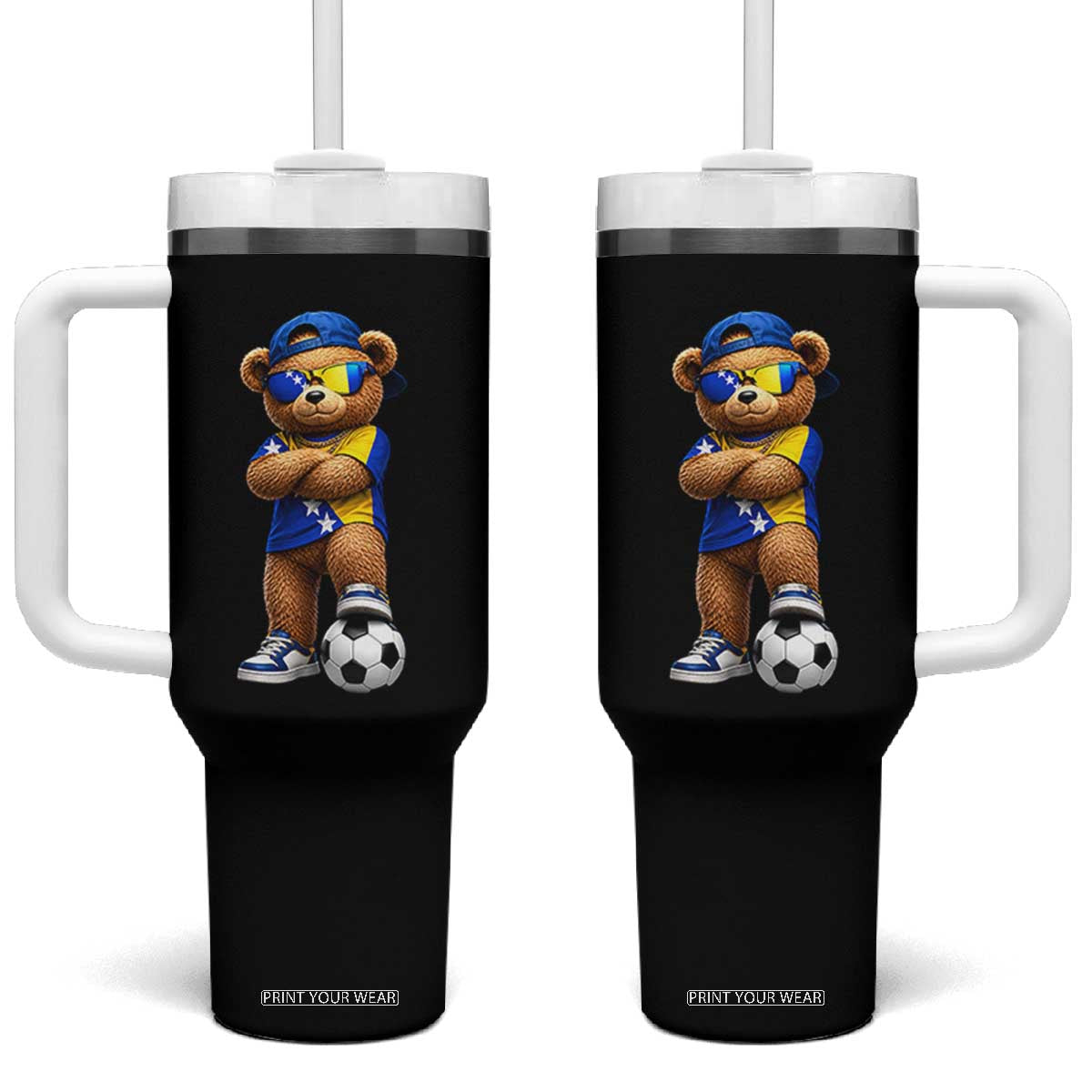 Cool Bosnia Herzegovina Flag Teddy Bear Soccer Fan Tumbler With Handle BIH Bosnian Heritage Football Lovers TS02 One Size: 40 oz Black Print Your Wear