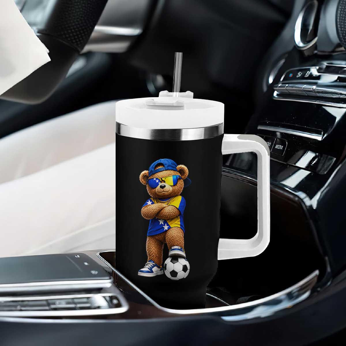 Cool Bosnia Herzegovina Flag Teddy Bear Soccer Fan Tumbler With Handle BIH Bosnian Heritage Football Lovers