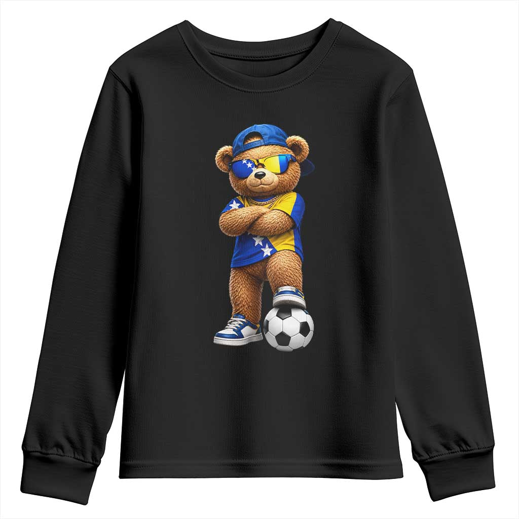 Cool Bosnia Herzegovina Flag Teddy Bear Soccer Fan Youth Sweatshirt BIH Bosnian Heritage Football Lovers TS02 Black Print Your Wear