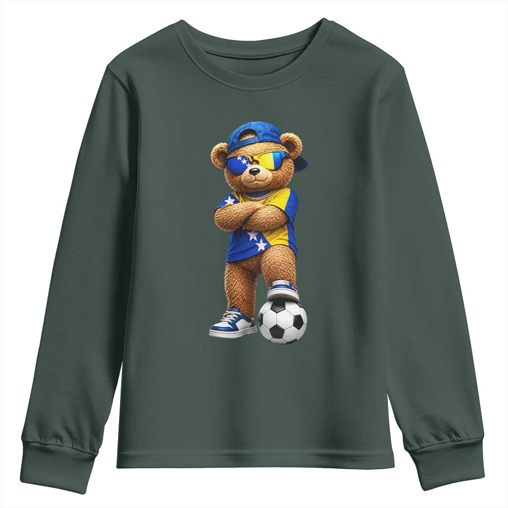 Cool Bosnia Herzegovina Flag Teddy Bear Soccer Fan Youth Sweatshirt BIH Bosnian Heritage Football Lovers