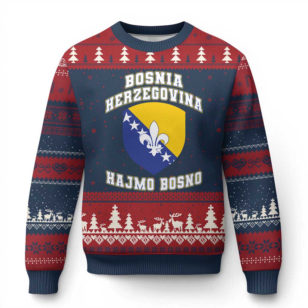 Hajmo Bosno Lets Go Bosnia Herzegovina Flag Ugly Christmas Sweater Golden Lily Soccer Football Fan Athletic Graphic TS02 Navy Red Print Your Wear