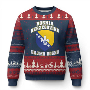 Hajmo Bosno Lets Go Bosnia Herzegovina Flag Ugly Christmas Sweater Golden Lily Soccer Football Fan Athletic Graphic TS02 Navy Red Print Your Wear