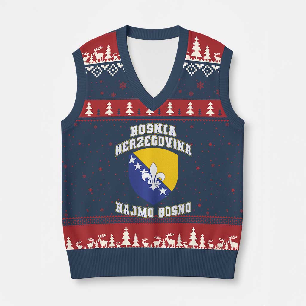 Hajmo Bosno Lets Go Bosnia Herzegovina Flag V-Neck Knit Sweater Vest Golden Lily Soccer Football Fan Athletic Graphic TS02 Navy Red Print Your Wear