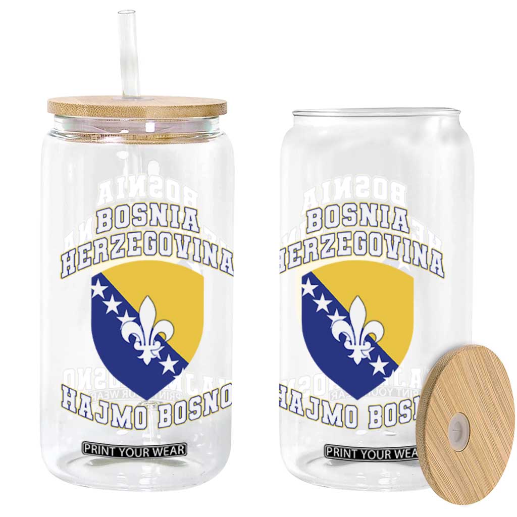 Hajmo Bosno Lets Go Bosnia Herzegovina Flag Glass Can Golden Lily Soccer Football Fan Athletic Graphic