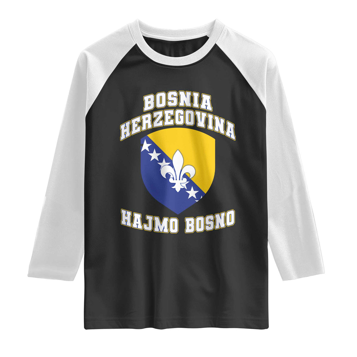 Hajmo Bosno Lets Go Bosnia Herzegovina Flag Raglan Shirt Golden Lily Soccer Football Fan Athletic Graphic TS02 Black White Print Your Wear