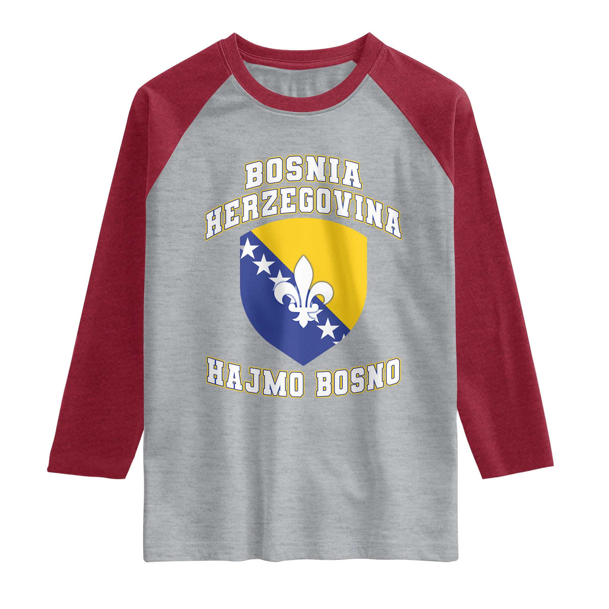 Hajmo Bosno Lets Go Bosnia Herzegovina Flag Raglan Shirt Golden Lily Soccer Football Fan Athletic Graphic TS02 Heather Gray Heather Red Print Your Wear