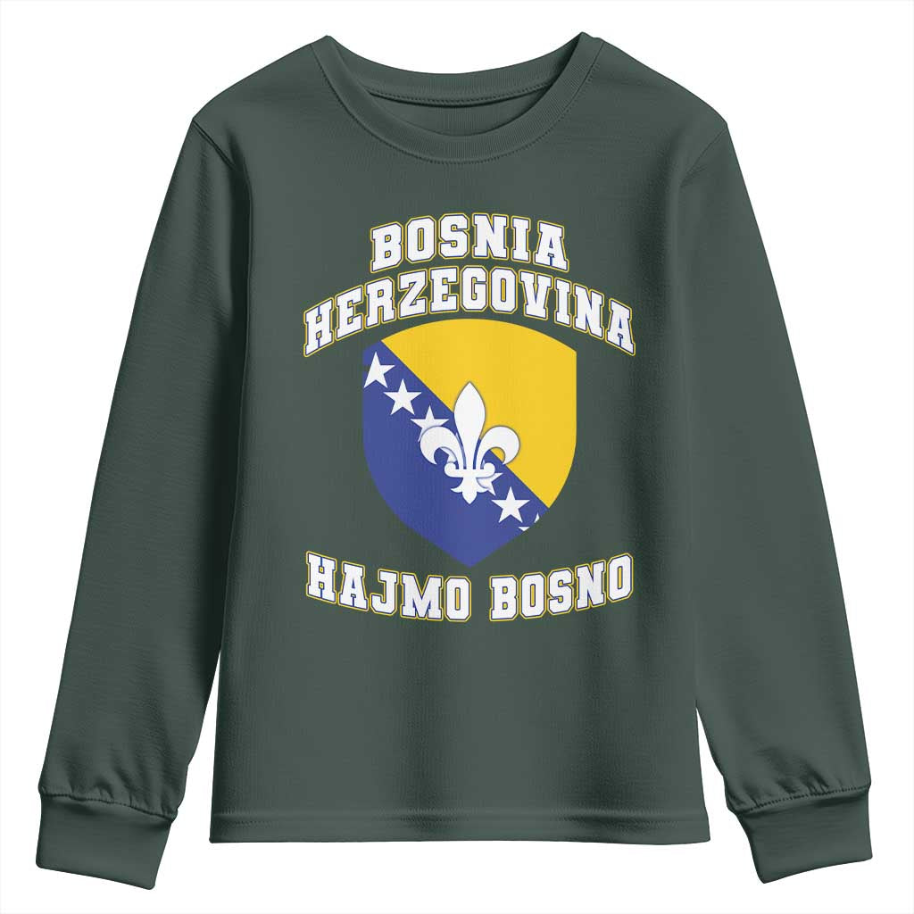 Hajmo Bosno Lets Go Bosnia Herzegovina Flag Youth Sweatshirt Golden Lily Soccer Football Fan Athletic Graphic TS02 Dark Forest Green Print Your Wear