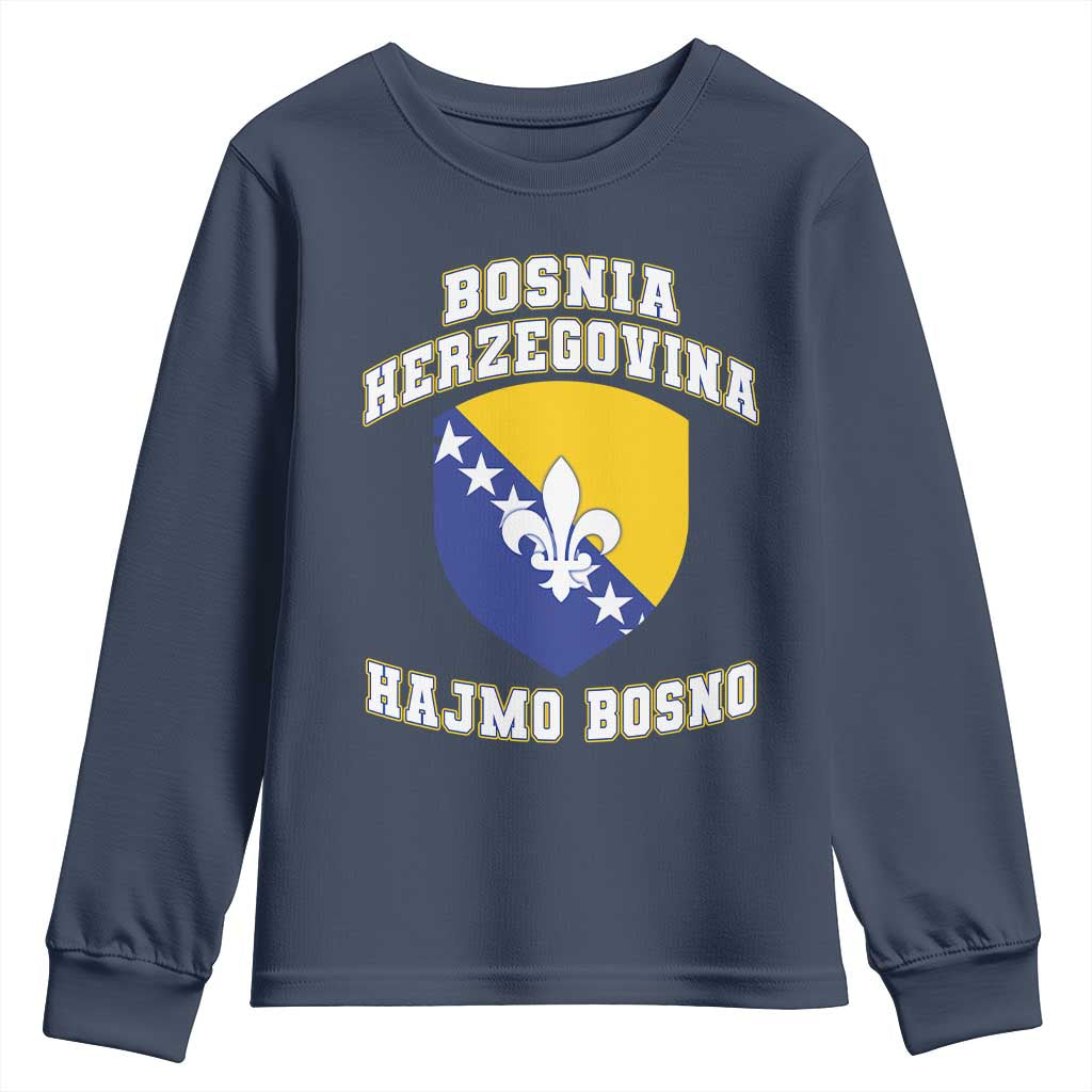 Hajmo Bosno Lets Go Bosnia Herzegovina Flag Youth Sweatshirt Golden Lily Soccer Football Fan Athletic Graphic TS02 Navy Print Your Wear