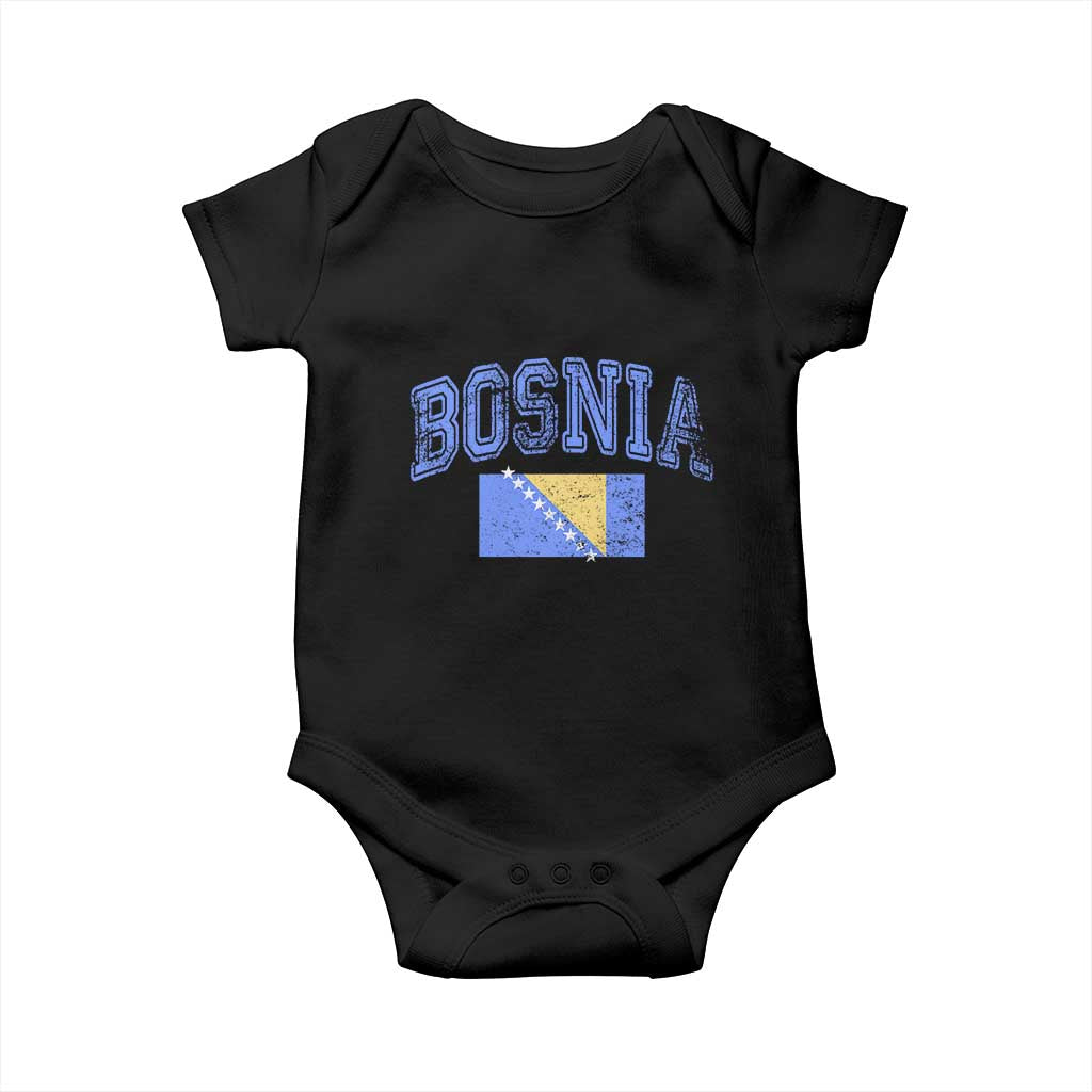 Classic Distressed Bosnia National Flag Varsity Style Baby Onesie Sports Fan Athletic Graphic