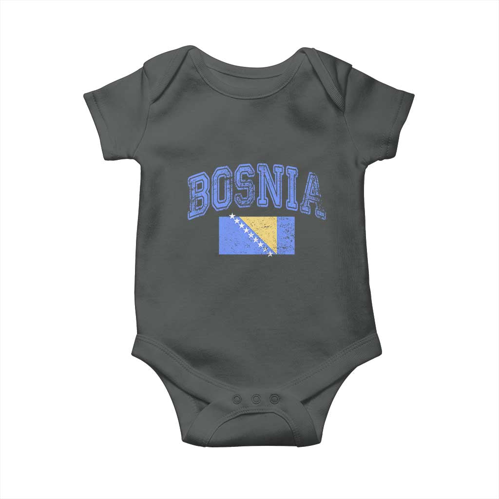 Classic Distressed Bosnia National Flag Varsity Style Baby Onesie Sports Fan Athletic Graphic
