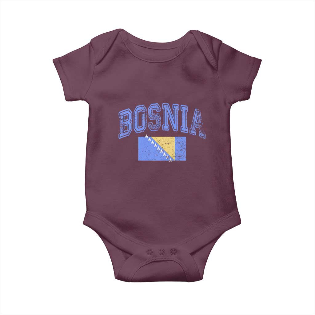 Classic Distressed Bosnia National Flag Varsity Style Baby Onesie Sports Fan Athletic Graphic