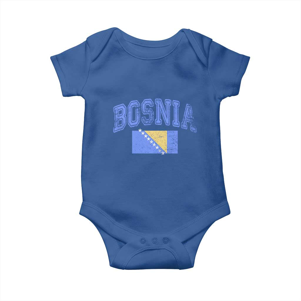 Classic Distressed Bosnia National Flag Varsity Style Baby Onesie Sports Fan Athletic Graphic