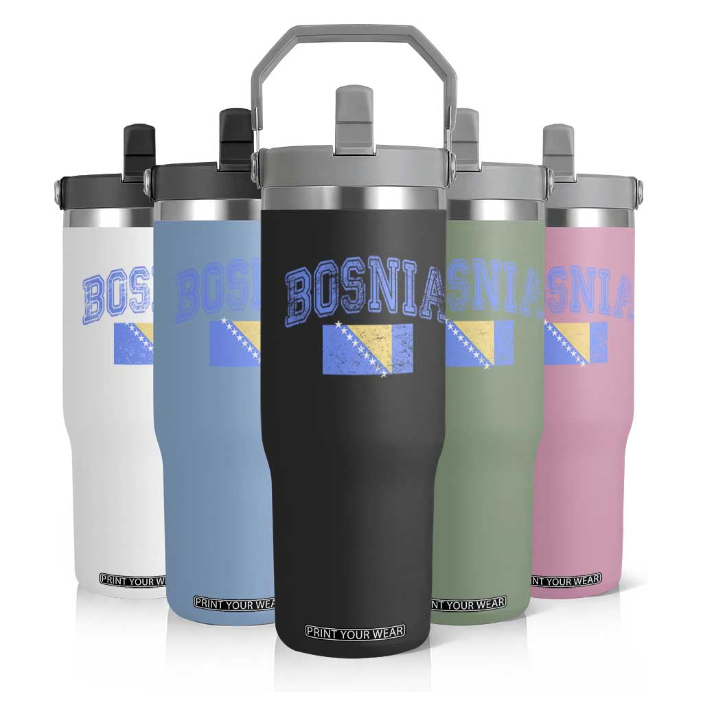 Classic Distressed Bosnia National Flag Varsity Style Flip Straw Tumbler Sports Fan Athletic Graphic