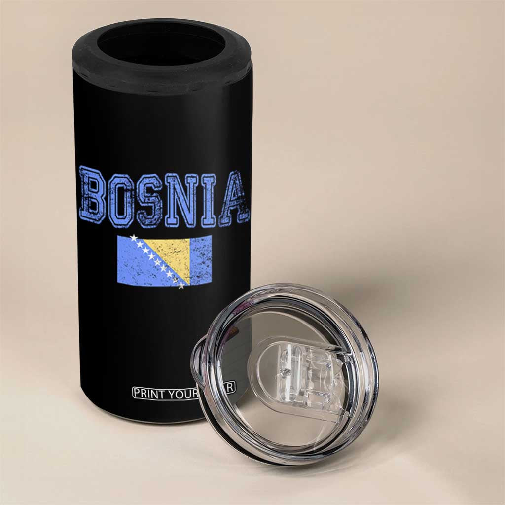 Classic Distressed Bosnia National Flag Varsity Style 4 in 1 Can Cooler Tumbler Sports Fan Athletic Graphic