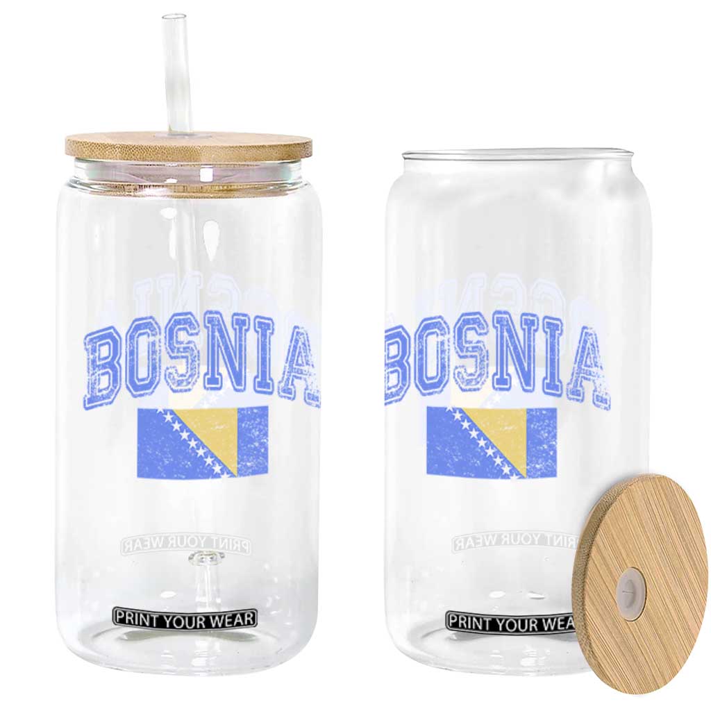 Classic Distressed Bosnia National Flag Varsity Style Glass Can Sports Fan Athletic Graphic