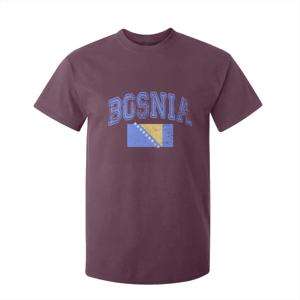 Classic Distressed Bosnia National Flag Varsity Style T Shirt For Kid Sports Fan Athletic Graphic